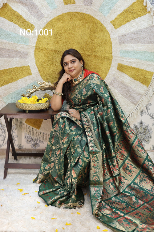 Bottle Green Swarnachari Silk Saree - front