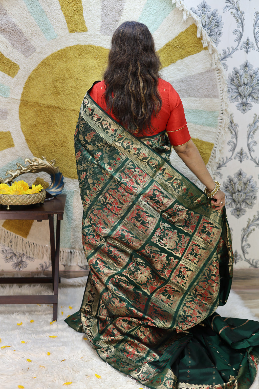 Bottle Green Swarnachari Silk Saree - back