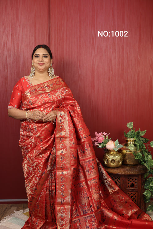 Scarlet Red Swarnachari Silk Saree - photo 1