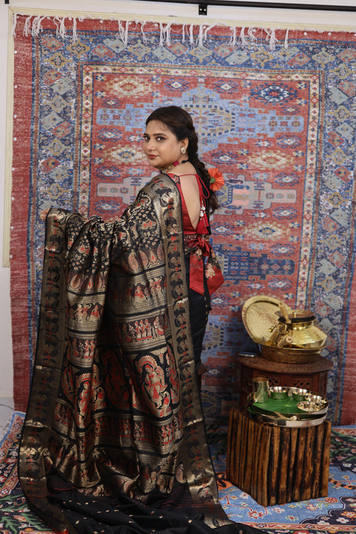 Jet Black Swarnachari Silk Saree - photo 2