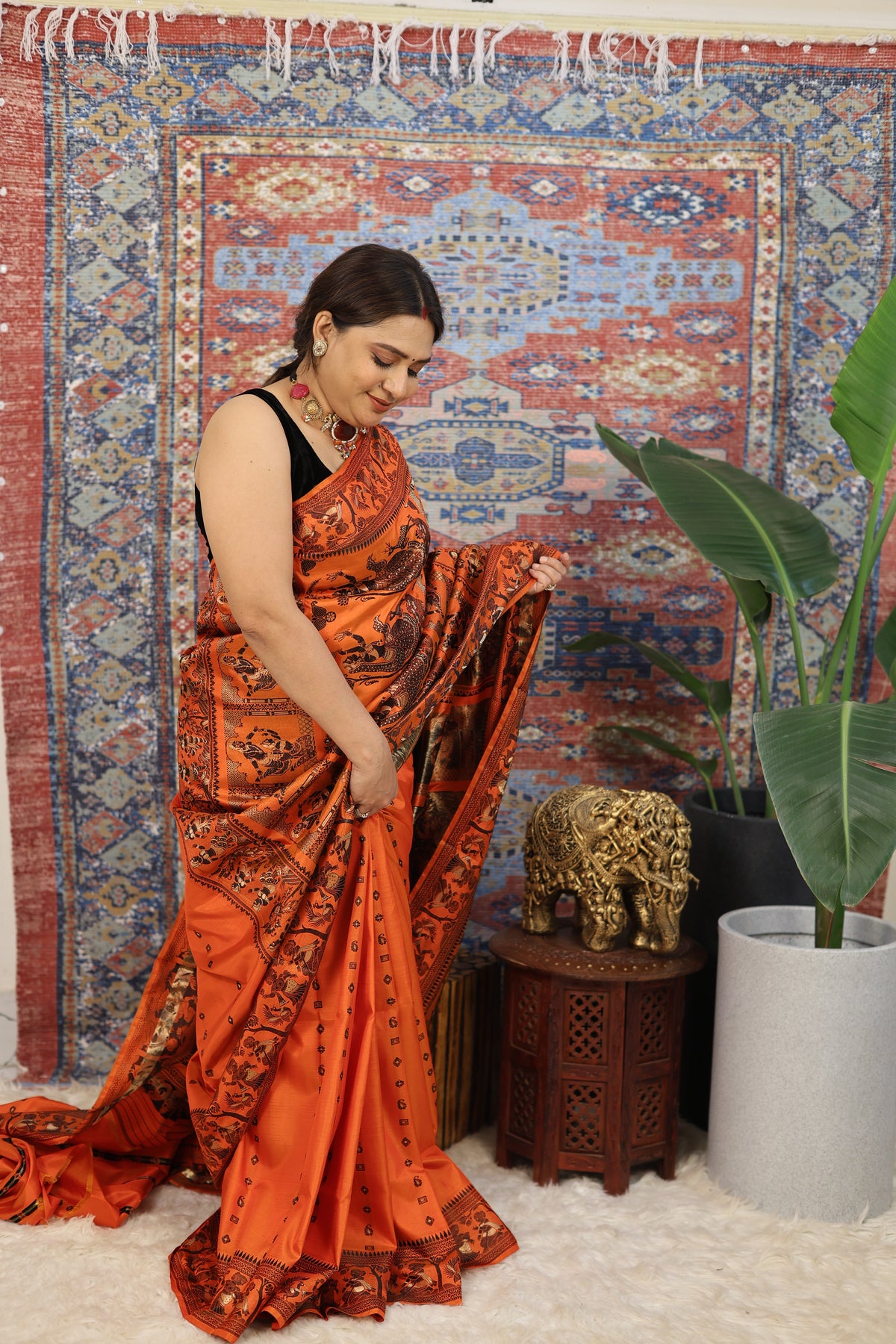 Burnt Orange Baluchari Silk Saree - photo 3