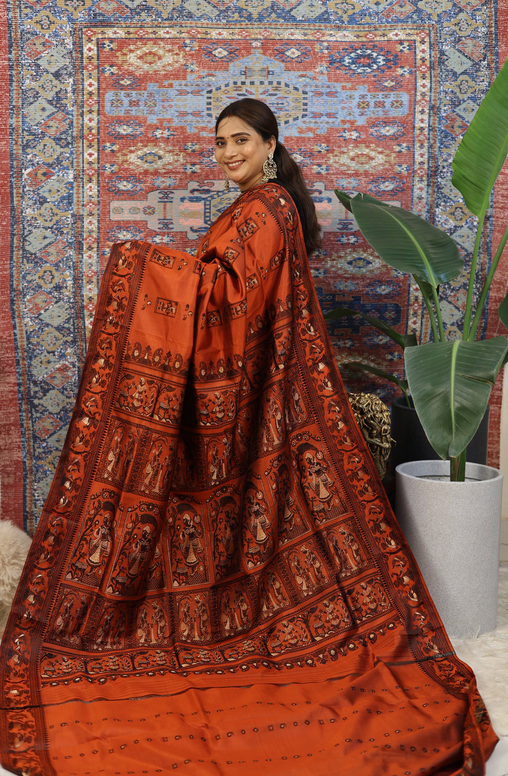 Rust Orange Baluchari Silk Saree - photo 2