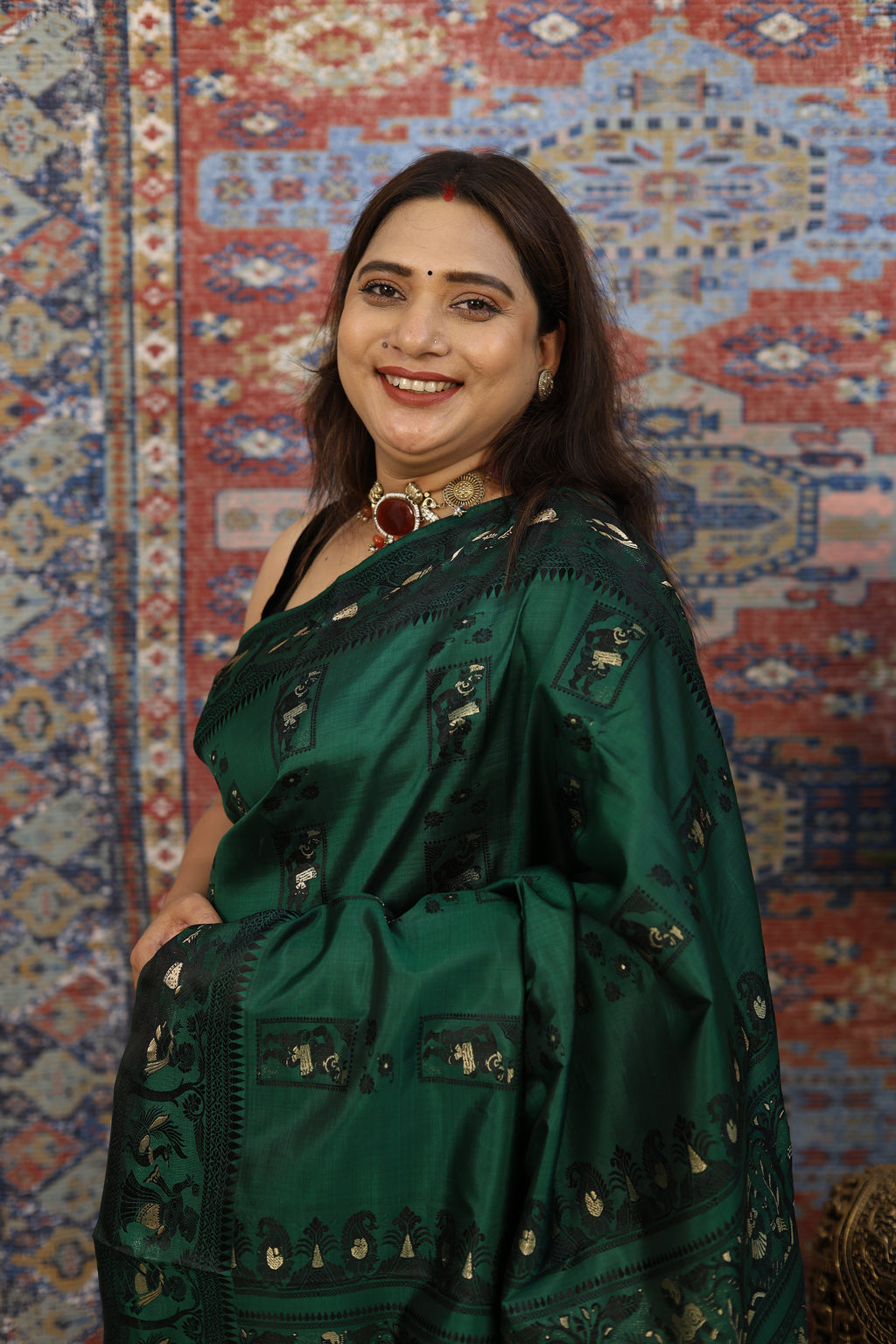 Bottle Green Baluchari Silk Saree - photo 3
